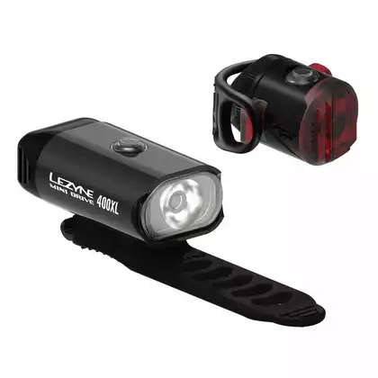 Zestaw lampki LEZYNE MINI DRIVE 400 przód 400 lumenów, FEMTO DRIVE USB tył 5 lumenów, usb czarne (NEW) LZN-1-LED-24P-V304