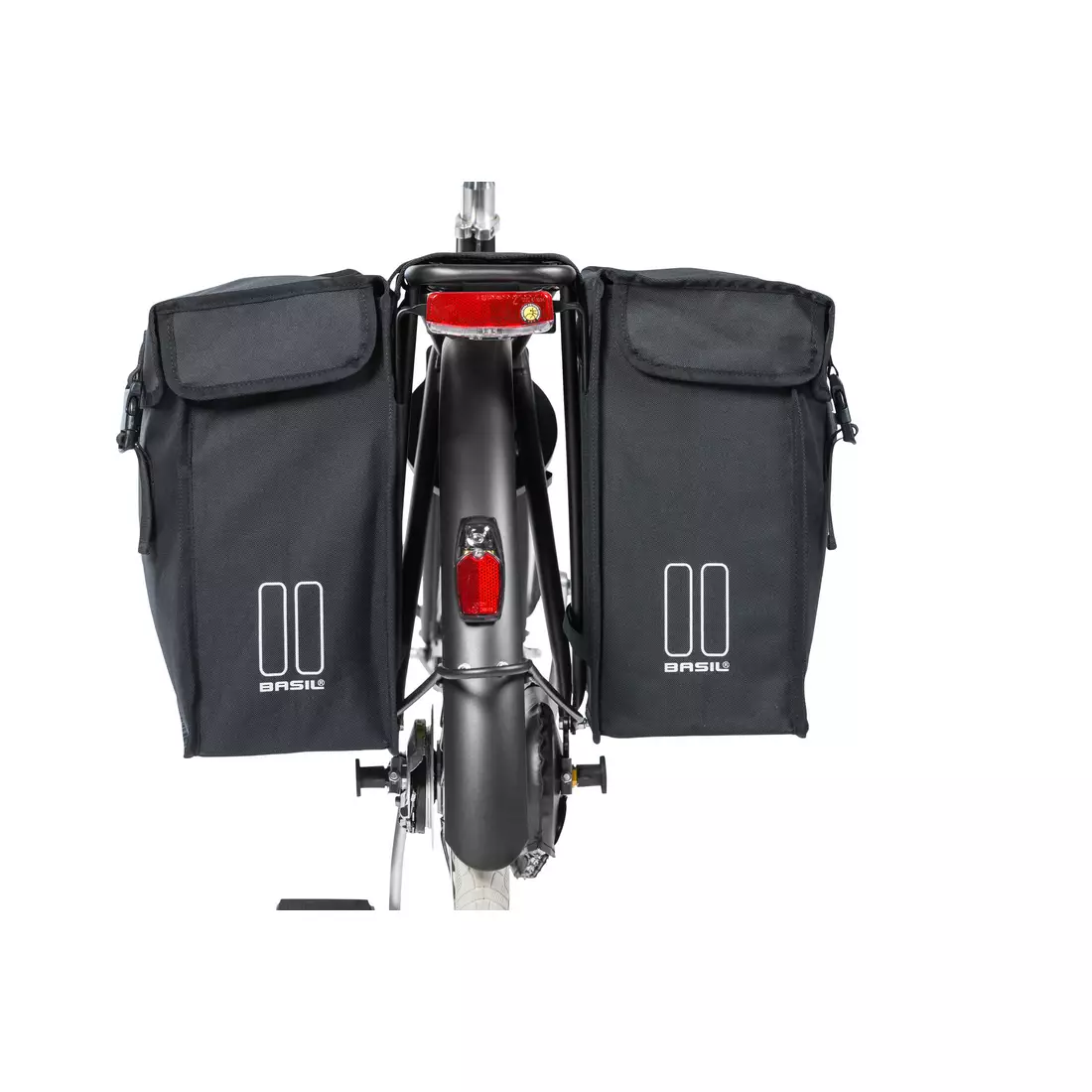Dvojitý městský cyklistický kufr BASIL MARA XXL 47L, zapínání na popruhy, voděodolný polyester, Černá BAS-17395